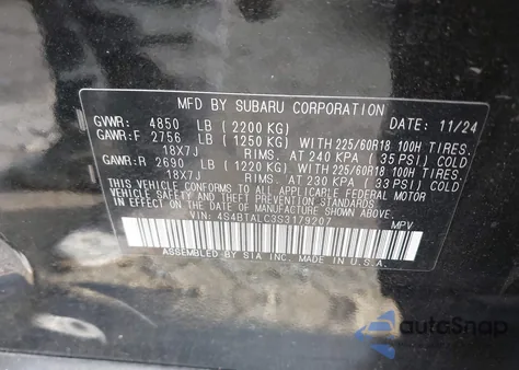 2025 Subaru Outback Onyx Edition z USA, uszkodzony, nr VIN 4S4BTALC3S3179207